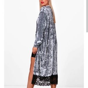 Boohoo crushed velvet duster with lace trim